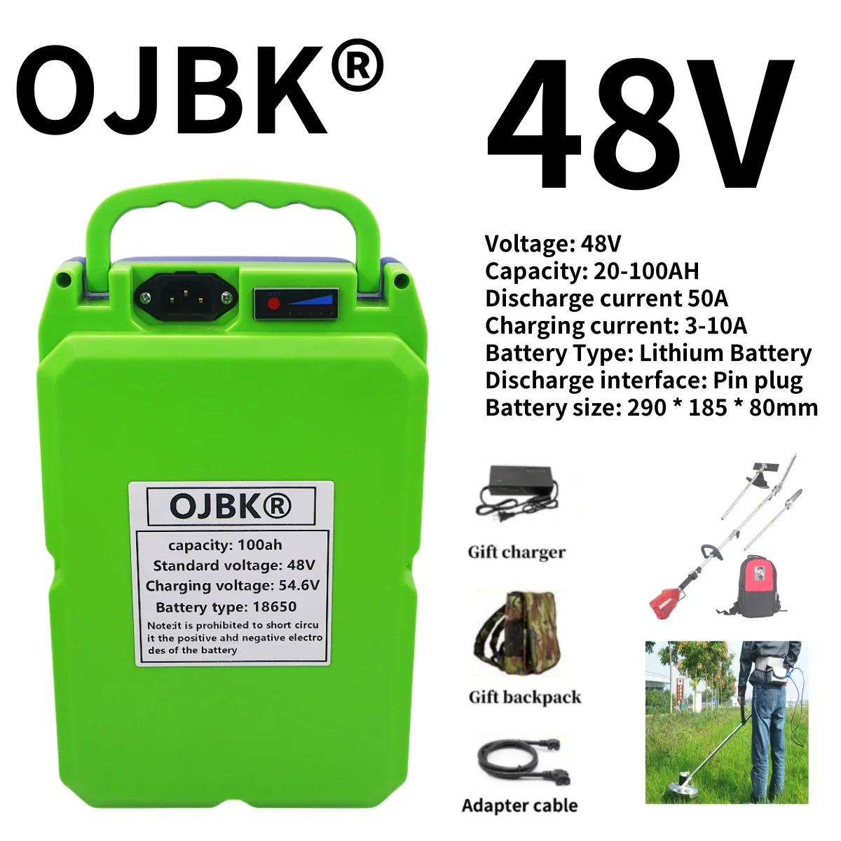 48V garden electric tool lithium battery suitable for lawn mower, hedge trimmer, battery+charger+connecting cable+backpack