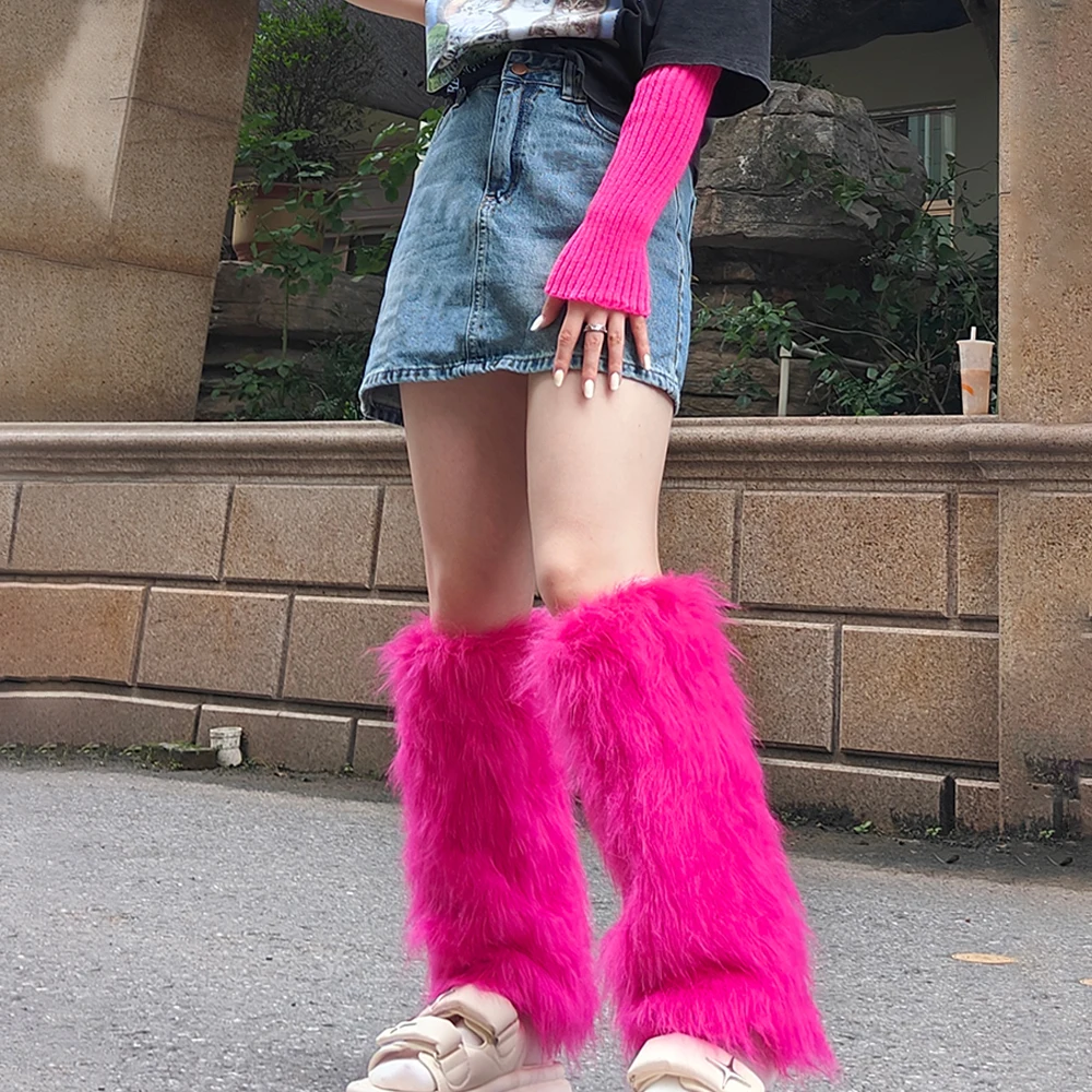 여성용 모피 레그 워머, Y2K 고스 화이트 인조 모피 레그 워머, 부츠 커버, 귀여운 JK 무릎 길이 힙스터, 따뜻한 양말 패션