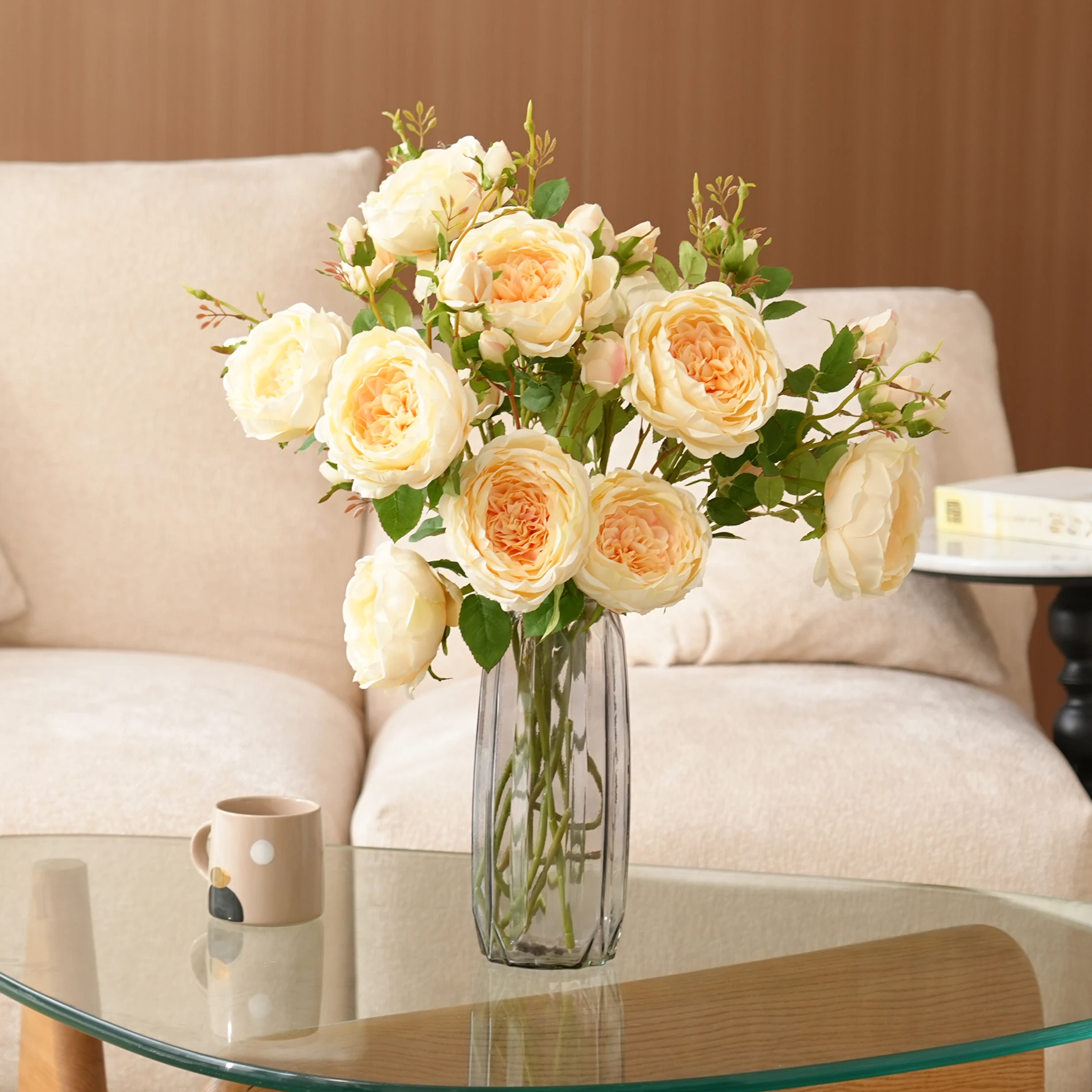 H2024 البرتقال الشمبانيا الحرير الاصطناعي الورد الفاوانيا زهرة باقة اليد ديكور المنزل ترتيب الزفاف المواد DIY بها بنفسك اكسسوارات #2