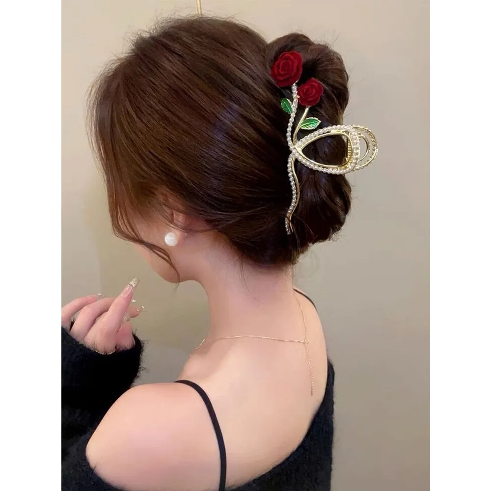 

1pc Fashion Faux Pearl Rose Hair Claw Clip, Suitable For Everyday Wear Hair Accessories Flower Hair Clip Summer Vacay Hair Clips