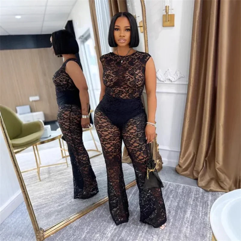 Floral Lace See Through Clubbing Outfits Sexy Woman 2 Piece Set Sleeveless Top and Flare Pants Night Party Rave Matching Sets