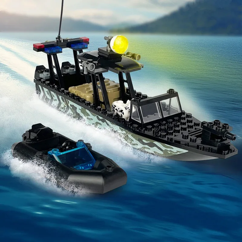 MOC World Camo Submarinos, lanchas rápidas para perros de policía, barcos de goma, escena de guerra, modelo de bloques de construcción militares, Kits de ladrillos, juegos de Ideas