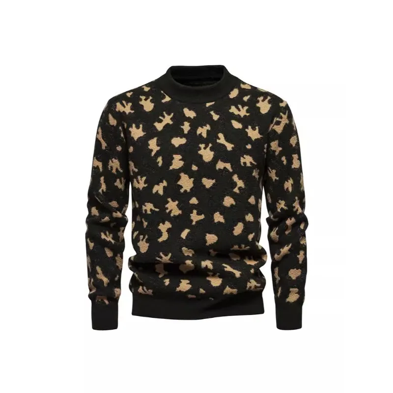 

Autumn and Winter New British Men's Pullover Fashion High Street Leopard Print Stand-up Neck Sweater