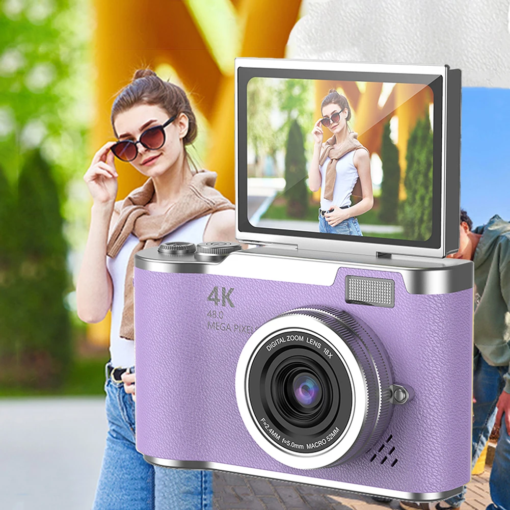 4Kデジタルカメラ 48MP ポータブルCCDカメラ 8倍ズーム コンパクト小型カメラ 180度回転スクリーン ヴィンテージカメラ ティーン/大人/初心者向け
