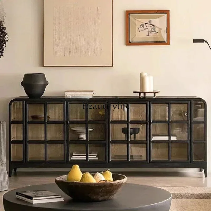 

LX*American retro solid wood antique style living room against the wall glass door storage cabinet wine cabinet