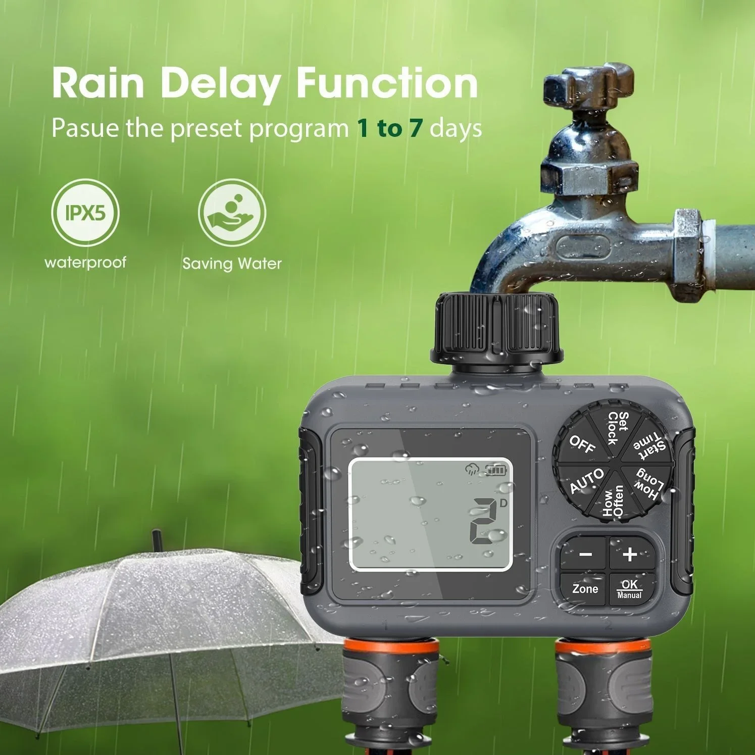 

Smart Garden Watering Timers 2 Outlet Sprinkler Drip Irrigation Controller Water Valve Rain Delay Outdoor Garden Yard Irrigat