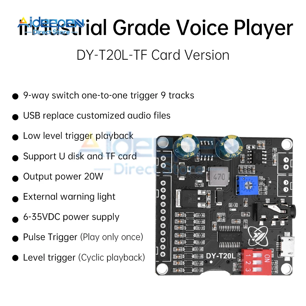 MP3 Voice Player Module Sound Playback Broadcast 10W/20W Music High Power Amplifier DC 6-35V Supports USB Flash Drive TF Card