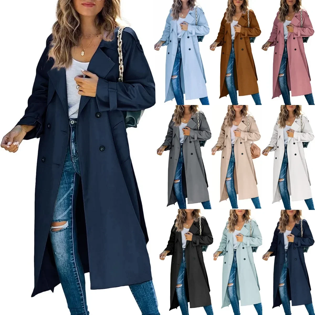 

Single Breasted Trench Long Sleeve Turn Down Collar Coat Solid Jackets Cardigan High Street Solid Loose Fit Sashes Outerwear