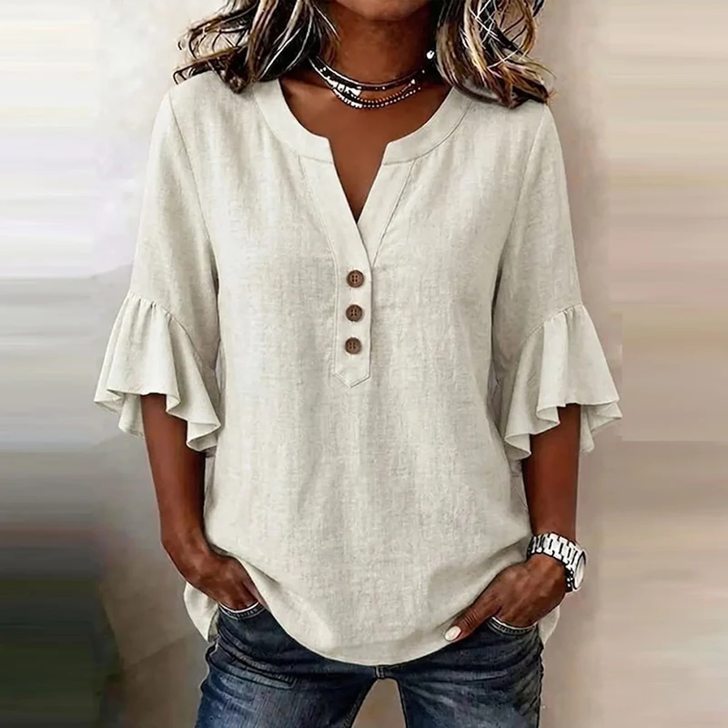 

Summer V Neck Women T-Shirts 3/4 Sleeve Button Shirt Blouse Women Casual Solid Color Loose Tops Female Oversized Shirts 2026