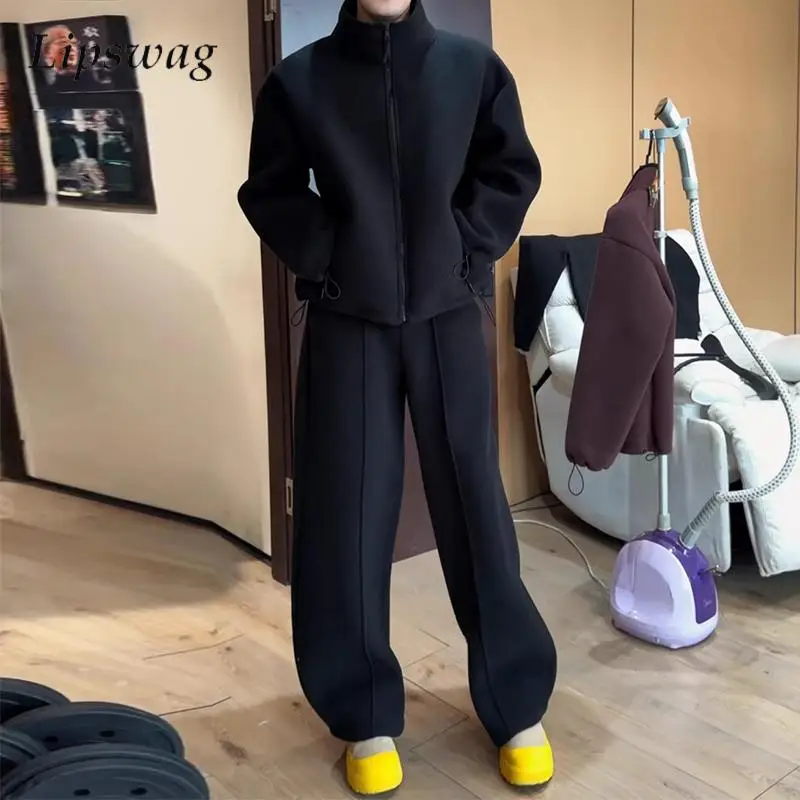 أطقم رجالية شتوية كاجوال من الصوف للأنشطة الخارجية، طقم من قطعتين بلون واحد، جاكيت بسحاب وبنطلون بتصميم عتيق، أطقم رياضية رجالية