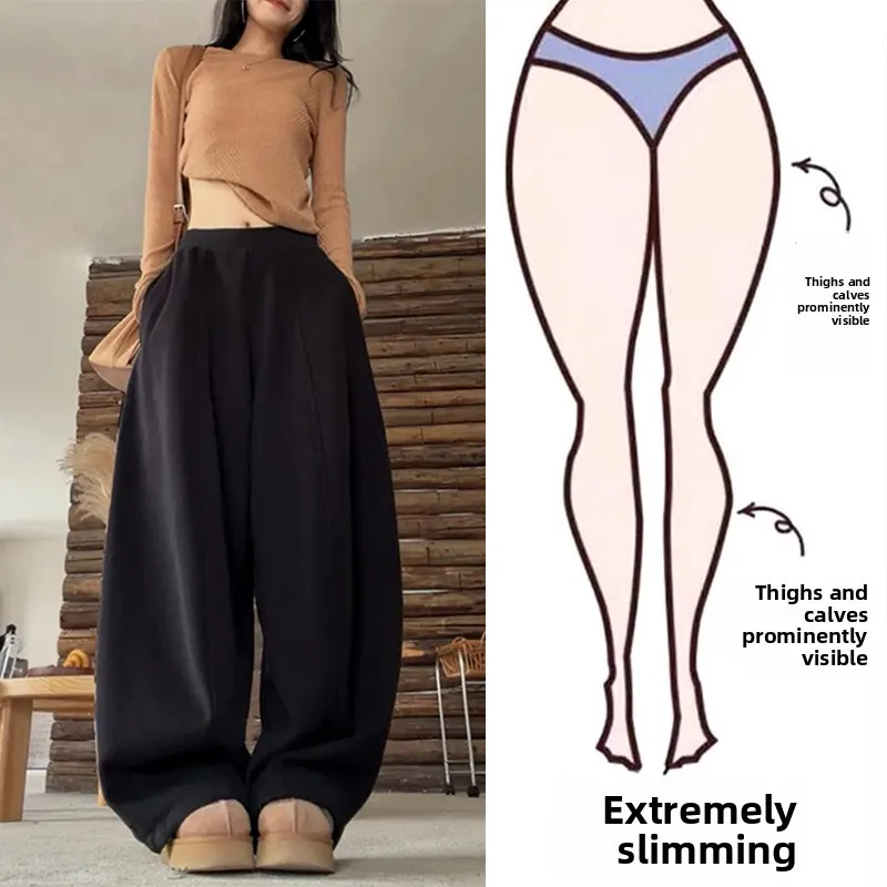 

plus Size Fleece Lined Casual Pants High Waist Women's 200 Pounds Slimming Wide Leg Floor Length Loose Comfortable Trousers