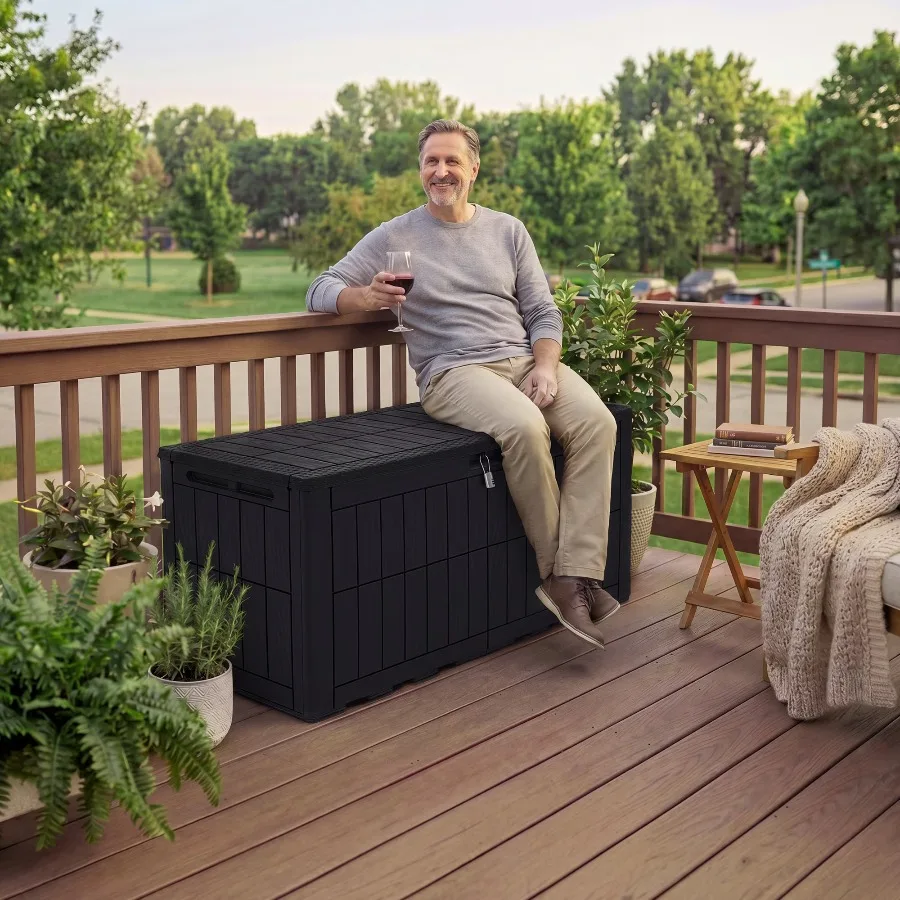 Uforic 110 Gallon Waterproof Outdoor Deck Box, Lockable Resin Storage Box, 2 Person Patio Storage Bench Cushions Garden Tools view 5