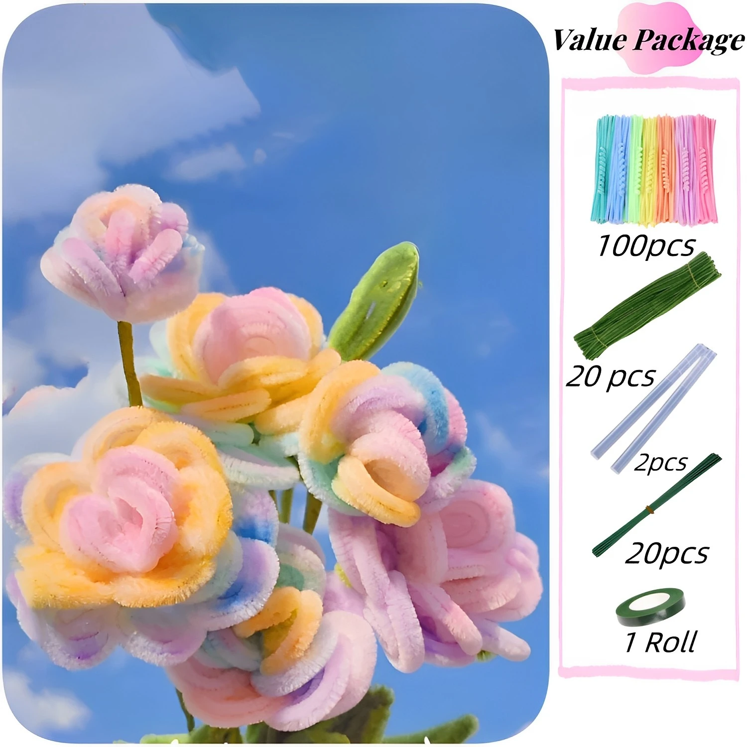 120 Stück DIY-Bastelarbeiten, Pfeifenreiniger, Chenille-Stiele, Kits für die Blumenherstellung, künstliche Rosensträuße für Party- und Heimdekoration