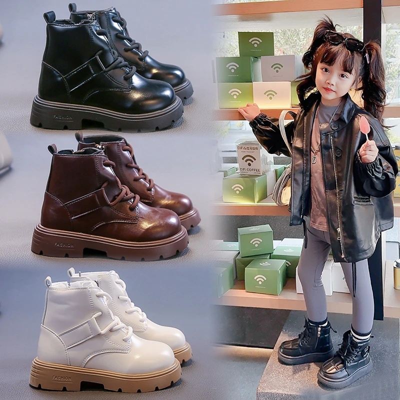 

Модные кожаные сапоги для девочек, однотонные универсальные короткие сапоги с боковой молнией, осень-зима 2023, детские сапоги принцессы с круглым носком