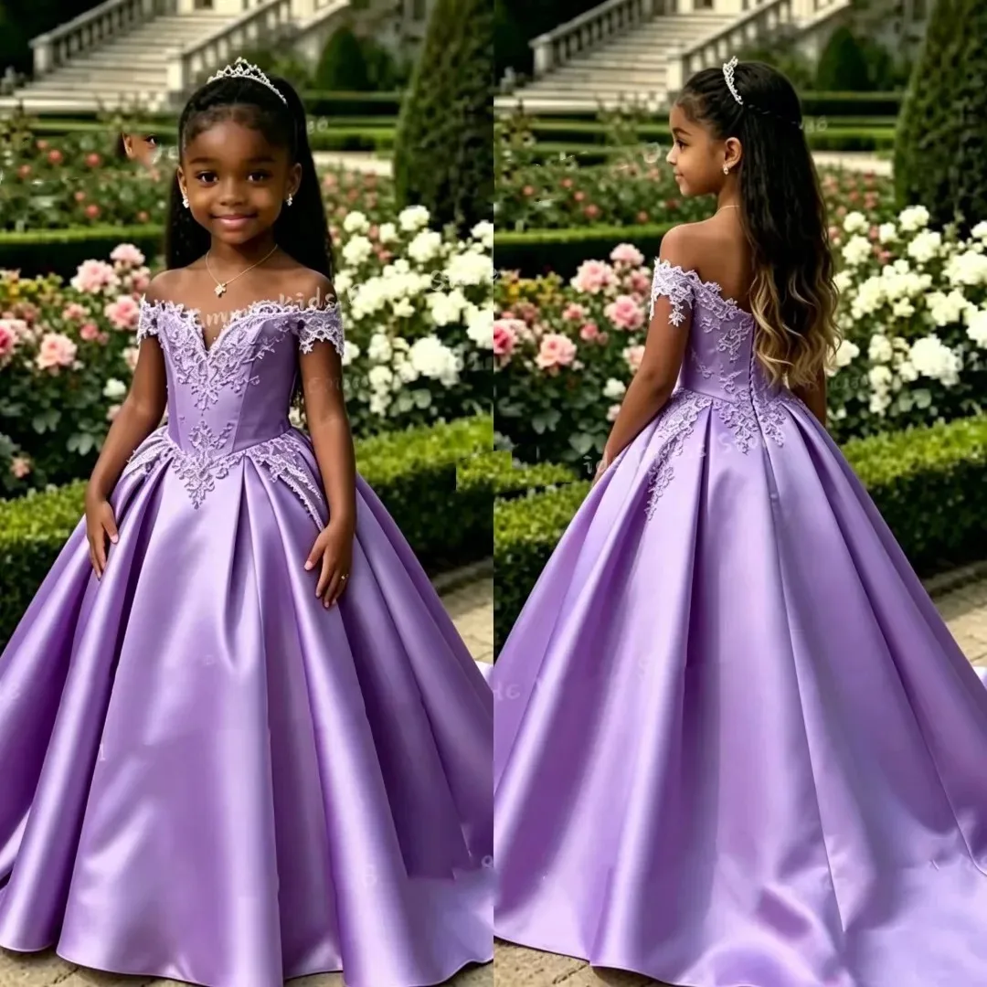 Wedding Tulle Pageant Dress Flower Girl Dress Off Shoulder Appliques for Lace Floor Length Prom Gowns KidsBirthday Elegant Pagea