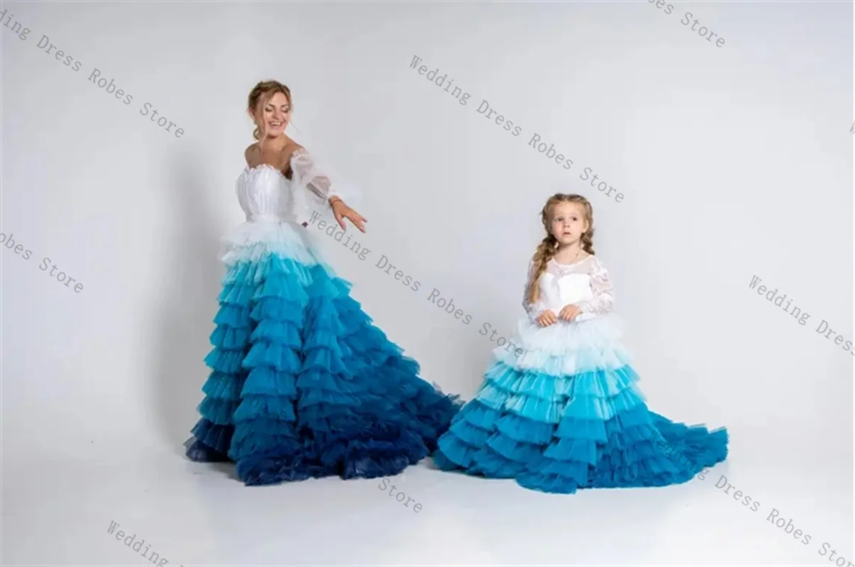 

White Blue Women Pregnant Prom Dress Sexy Tulle Tiered Full Sleeve Maternity Robe Luxury Evening Gown Sleepwear Customized Skirt