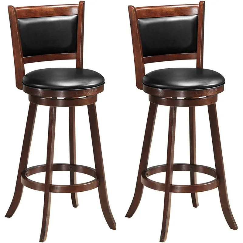 Bar Stools Set of 2, 360 Degree Swivel, Accent Wooden Swivel Seat Bar Height Stool, Leather Upholstered Design, PVC Cushioned