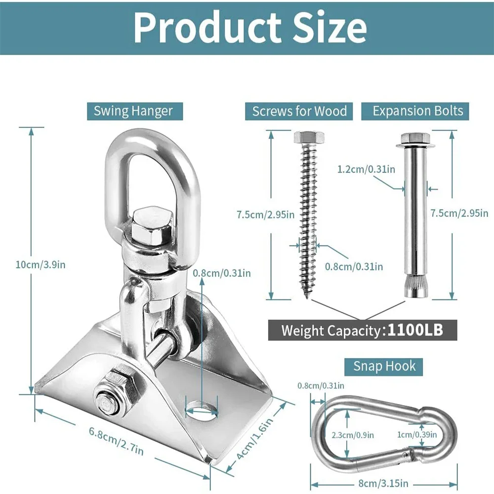 Innovative 1100 LB Capacity 2 PCS Stainless Steel 304 Heavy Duty Swing Hangers & Snap Hooks for Concrete Wooden Sets Tra