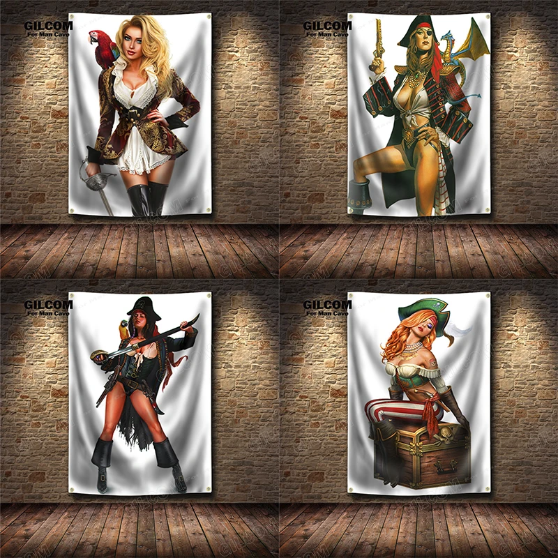 Sexy Pirate Captain Banner Flag Women Female Adult Dress Poster Art  AD Vintage Sign Dark Motor Car Man Cave Garage Pub Club Bar