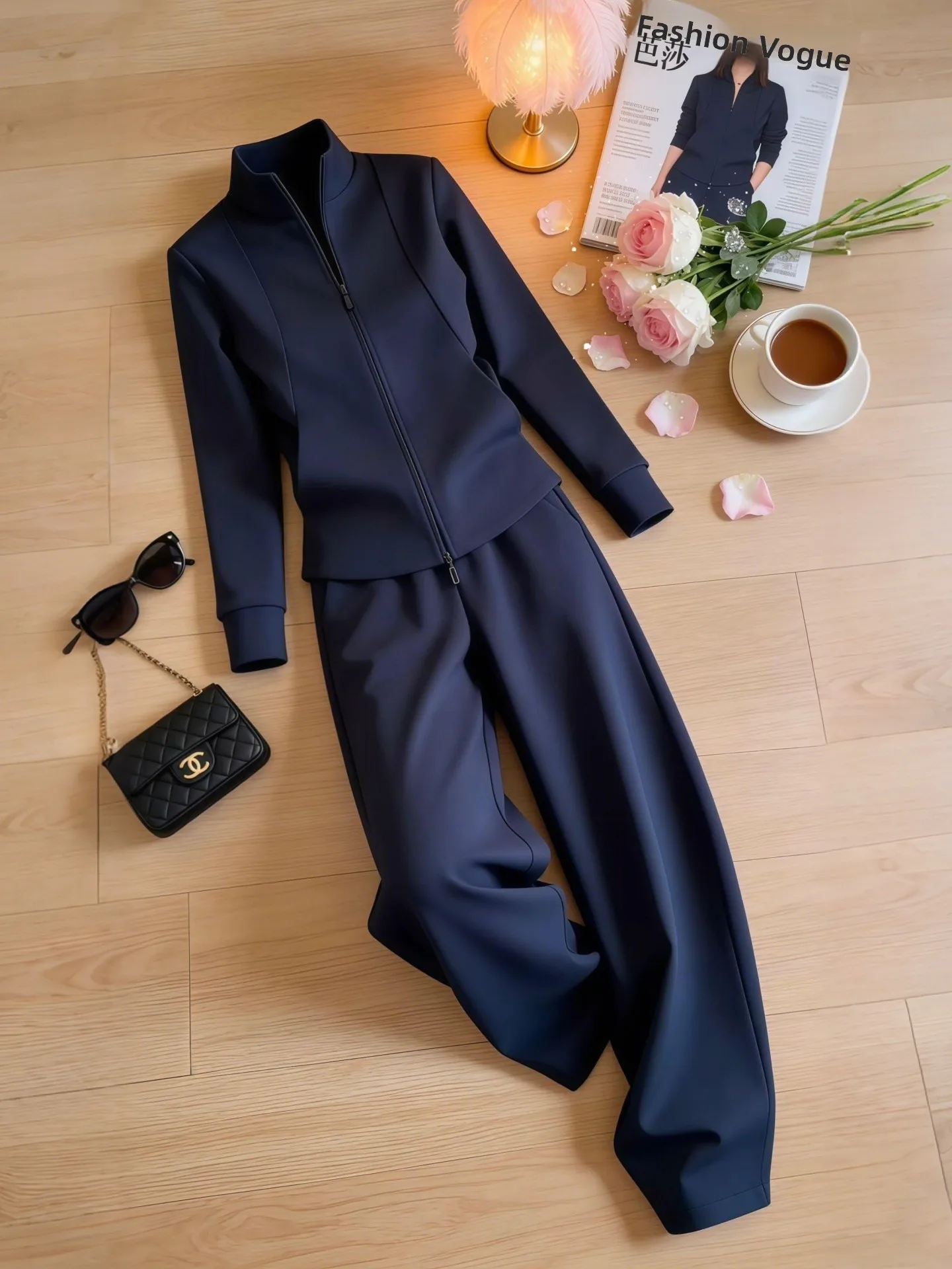 

Весенне-осенний комплект для женщин: брюки с широкими штанинами и воротником на молнии, модный и простой наряд для повседневной носки.