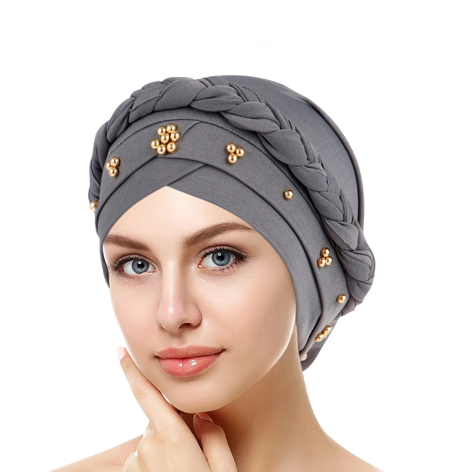 Women Lady Beads Muslim Braid Head Turban Wrap Cover Cancer Chemo Islamic Arab Cap Hat Hair Loss Bonnet Beanies Fashion