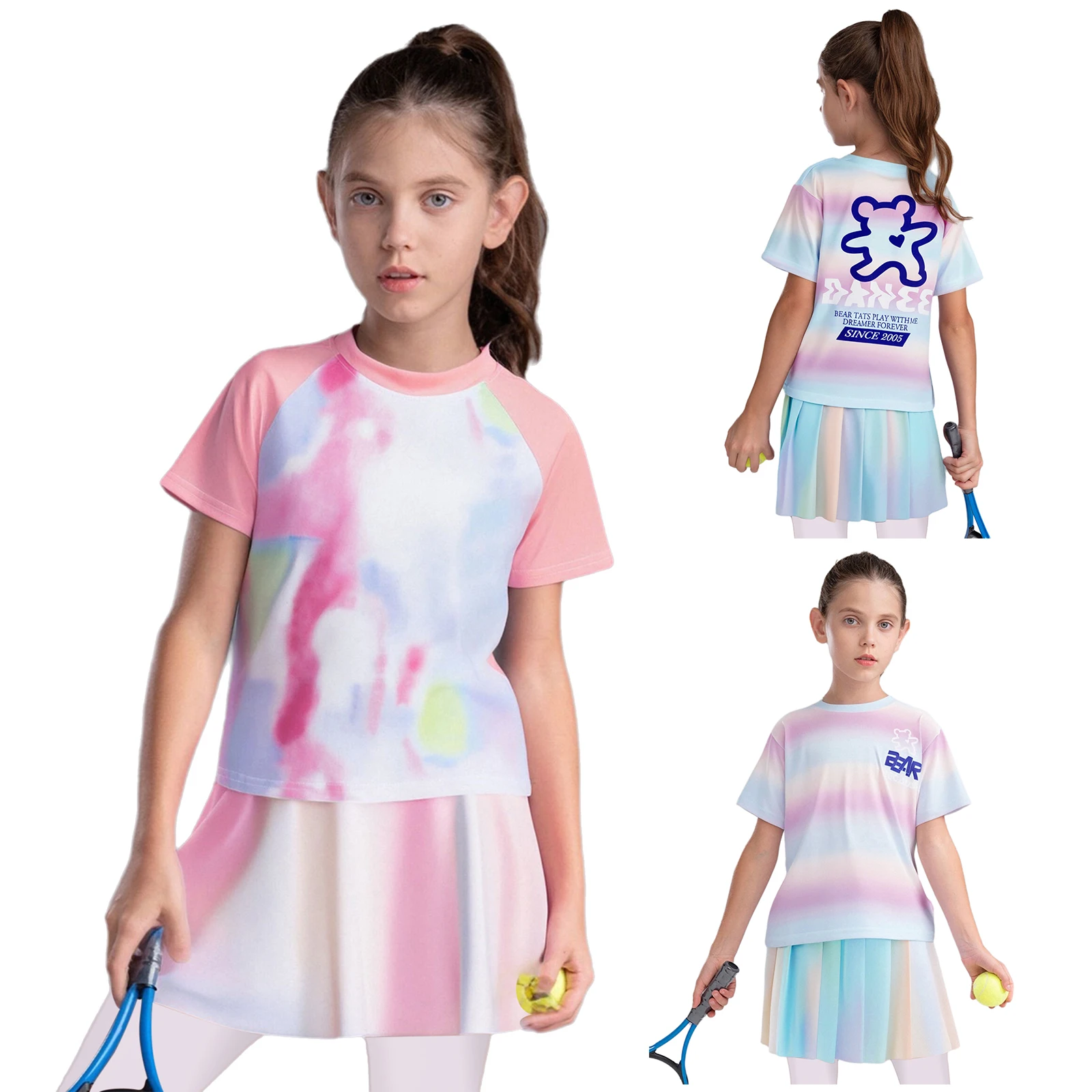 Kids Girls Sports Outfit Gradient Color Quick-Drying Short Sleeve T-shirt with Elastic Waistband Skirt Tennis Exercise Sets