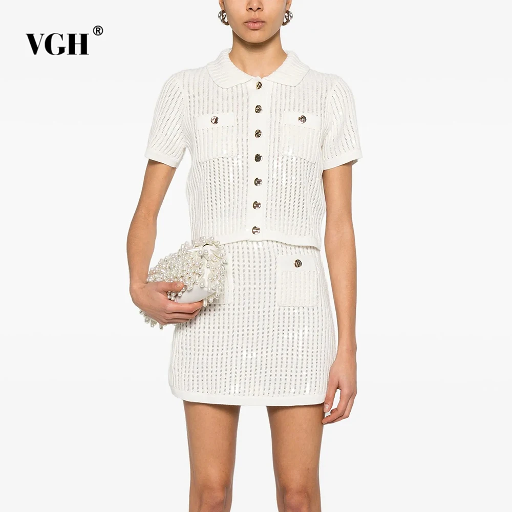 

VGH Solid Slimming Casual Two Piece Sets For Women Lapel Short Sleeve Top High Waist Mini Skirt Elegant Set Female Fashion New