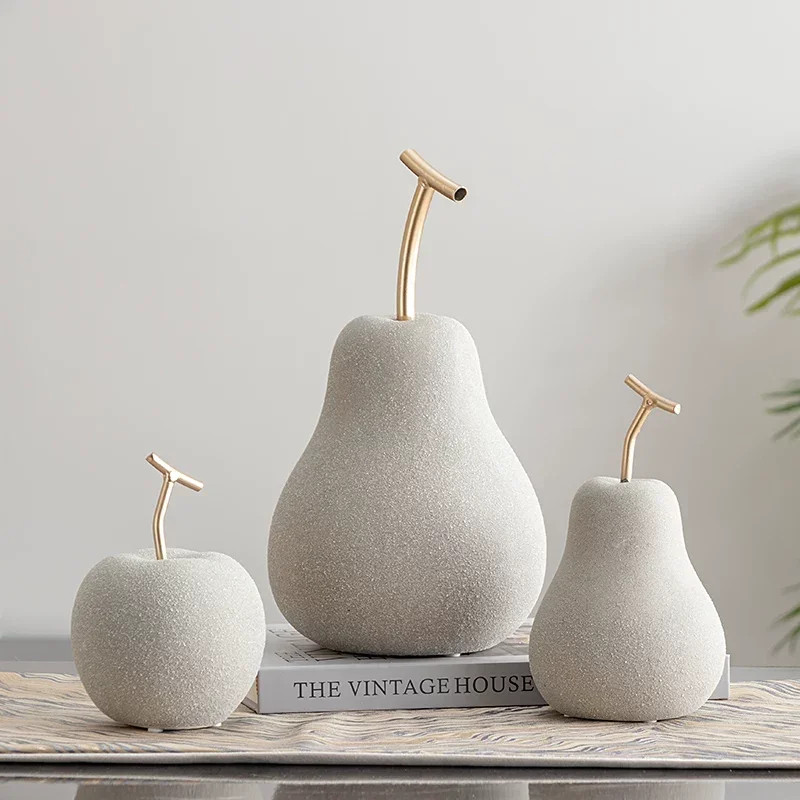 Golden Blue Resin Apple Sculpture White Ceramic Pear Apple Statue Accessories Home Livingroom Table Decoration Study Ornaments