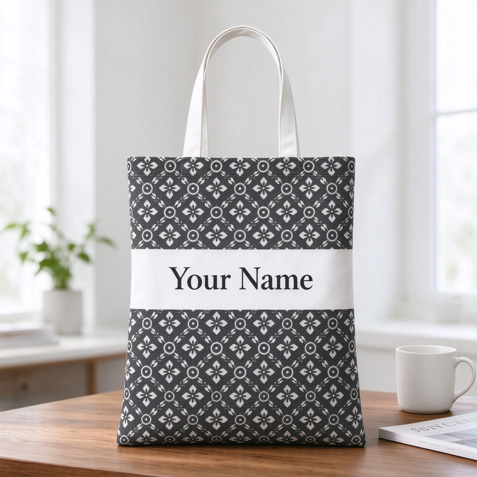 Personalized Custom Name Canvas Tote Bag Black Grey Geometric Print Reusable Shopping Handbag Casual Women Shoulder Bag