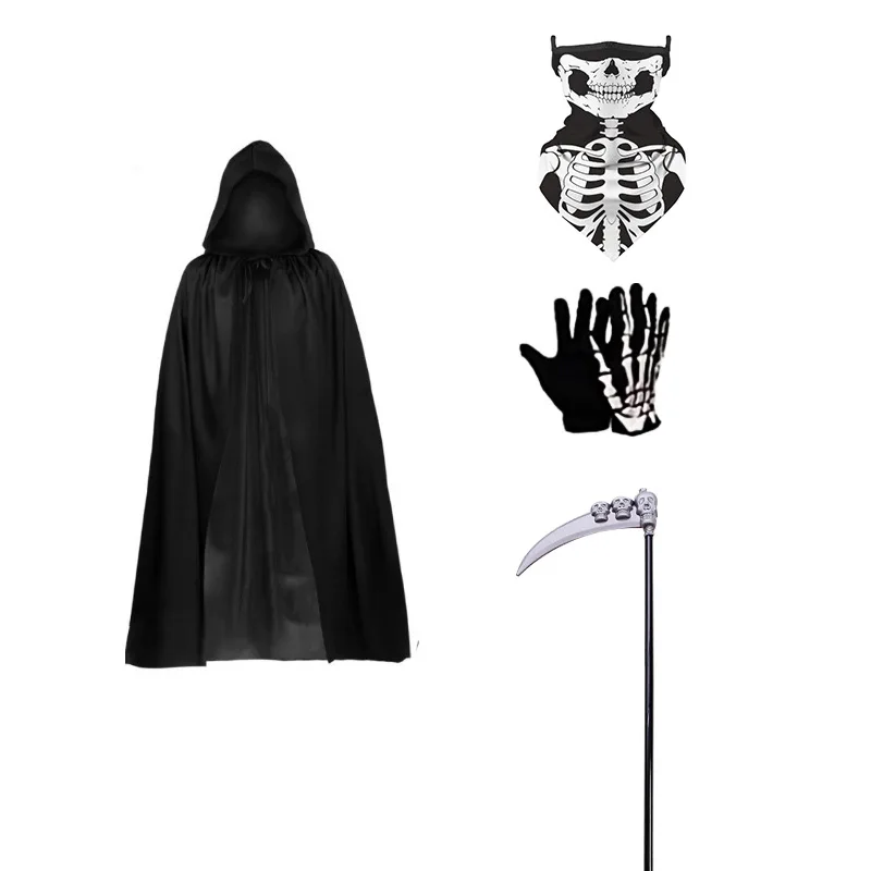 2023 Mode Grimmig Reaper Zwarte Cape Mantel Cosplay Party Cosplay Spookachtige Accessoire Set Halloween Kostuum Rekwisieten Set