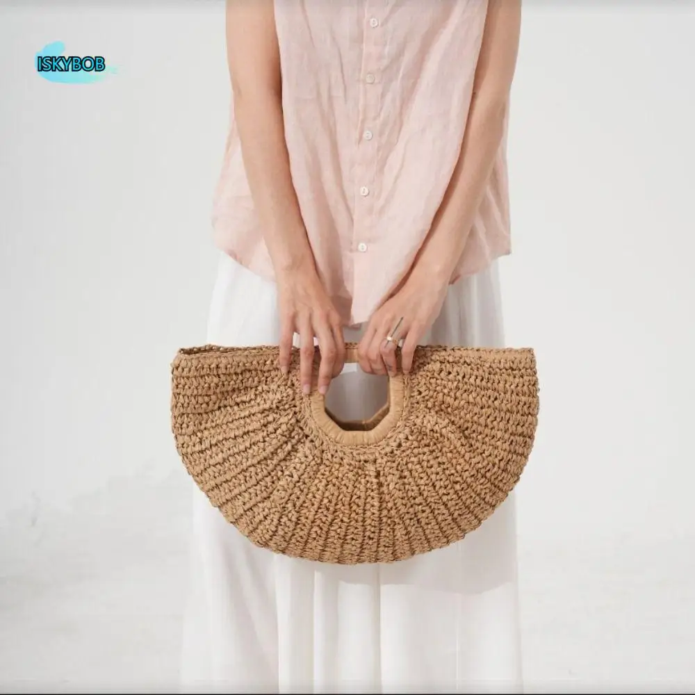 

Casual Large Capacity Lafite Straw Bag Handmade Wrist Circle Weave Tote Bag Simple Half Moon Summer Beach Handbag Summer