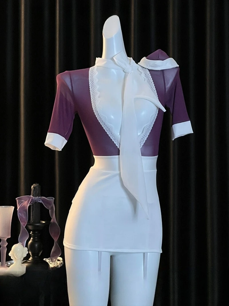 

Сексуальное фиолетовое марлевое прозрачное платье, униформа для косплея стюардессы для зрелых женщин, соблазнительный наряд для ролевых игр