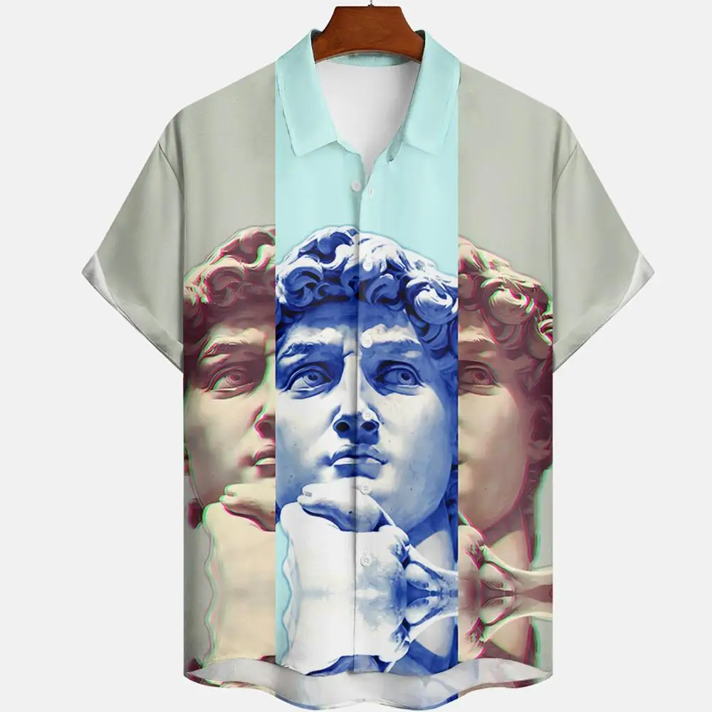 Statue of David Print Tops Summer Fashion Men\'s Short Sleeve Shirt Street Casual Lapel Oversized Men\'s Shirt Tops Size S-5XL