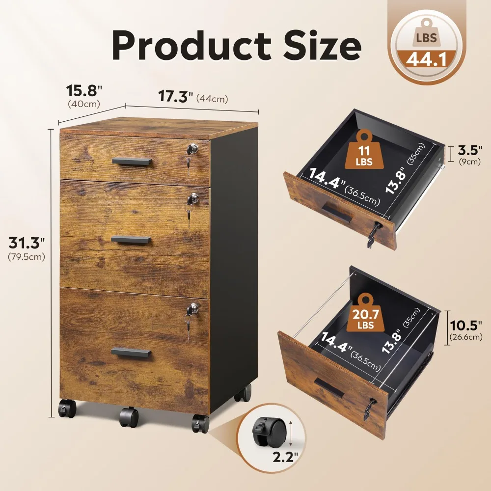 3 Drawer File Cabinet with Lock & Wheels, Wood Printer Stand
