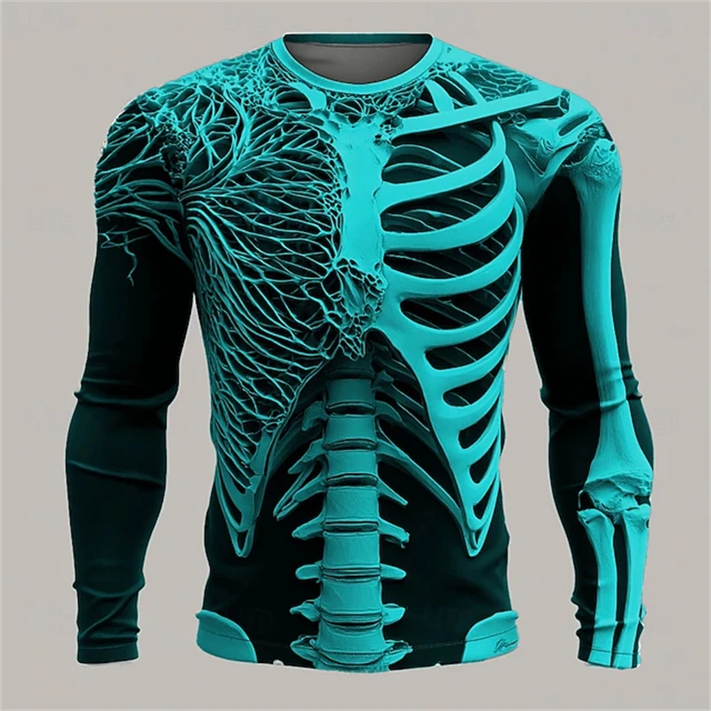 2025 New Autumn Skull-printed Long-sleeved Men T-shirt Gothic Fashion Streetwear Hip-hop Party Cosplay Outfit Round-neck T-shirt