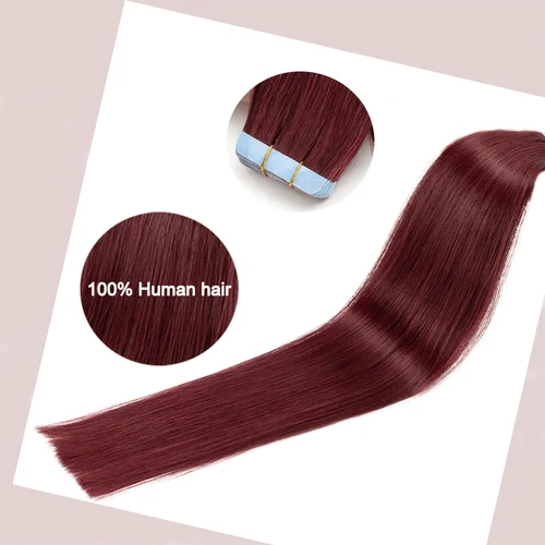 Imagen 2 del producto Extensiones de cabello humano con cinta recta color burdeos 99J: cabello brasileño 100% sin procesar, longitud real, fácil aplicación para mujeres
