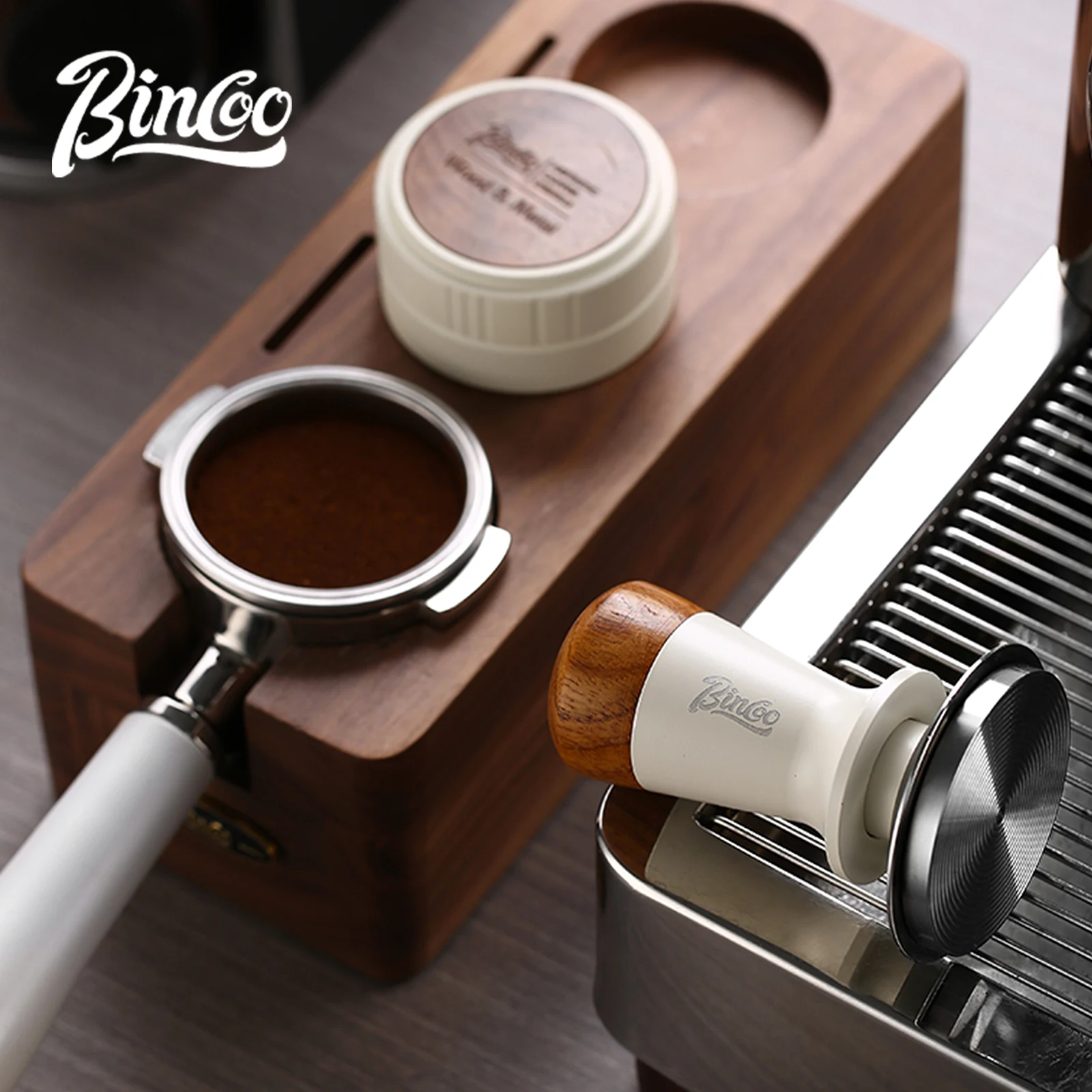 Bincoo Coffee Tamper 51mm/58mm Pressing Station Walnut Storage Work Stand Pressing Powder Hammer Coffee Distributor Portafilter
