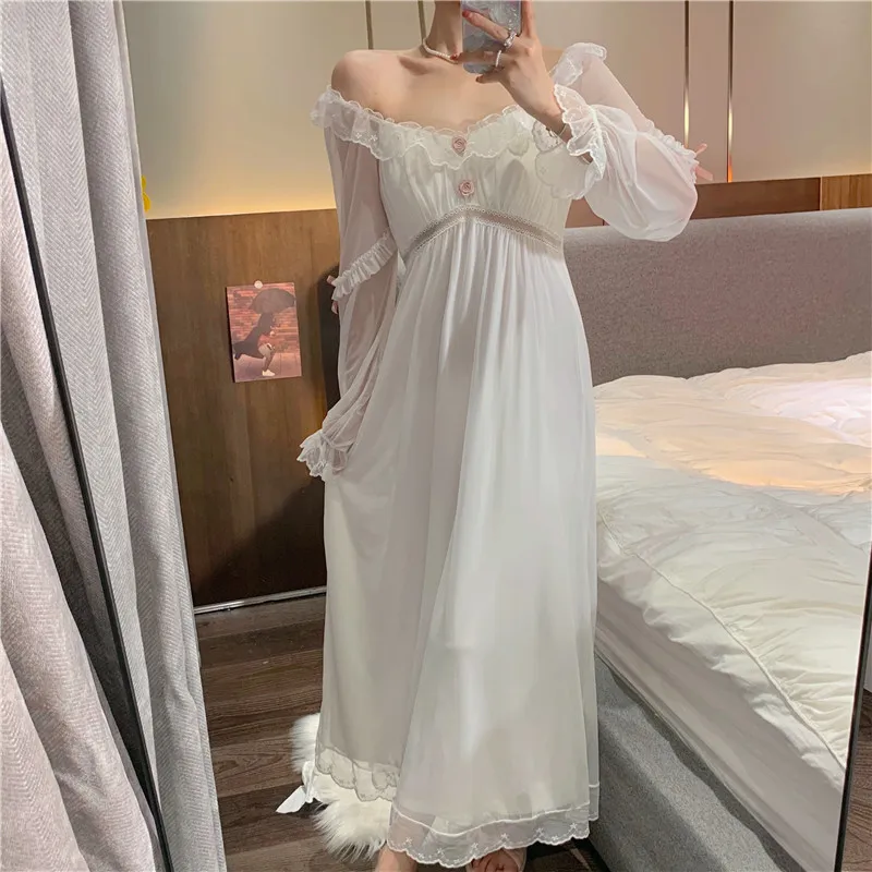 Sleepwear Retro French Court Style Nightdress Sexy Perspective Long Sleeve Home Dress Women Sweet White Lace Princess Nightgown