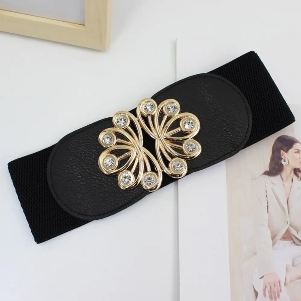 女性用メタルバックル付きラージサイズウエストバンド、ファッショナブルなストレッチベルト、ワイドラインストーン、ブラック