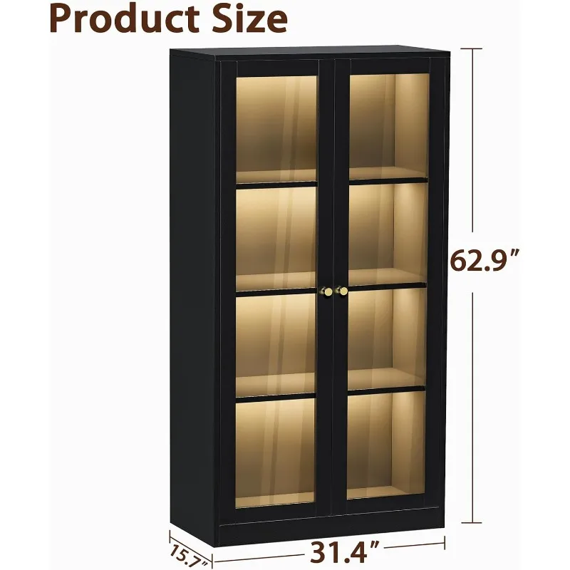 63'' Display Cabinet, Glass Display Cabinet with LED Light Curio Cabinet with Glass Doors Collectibles Large Capacity (Black)