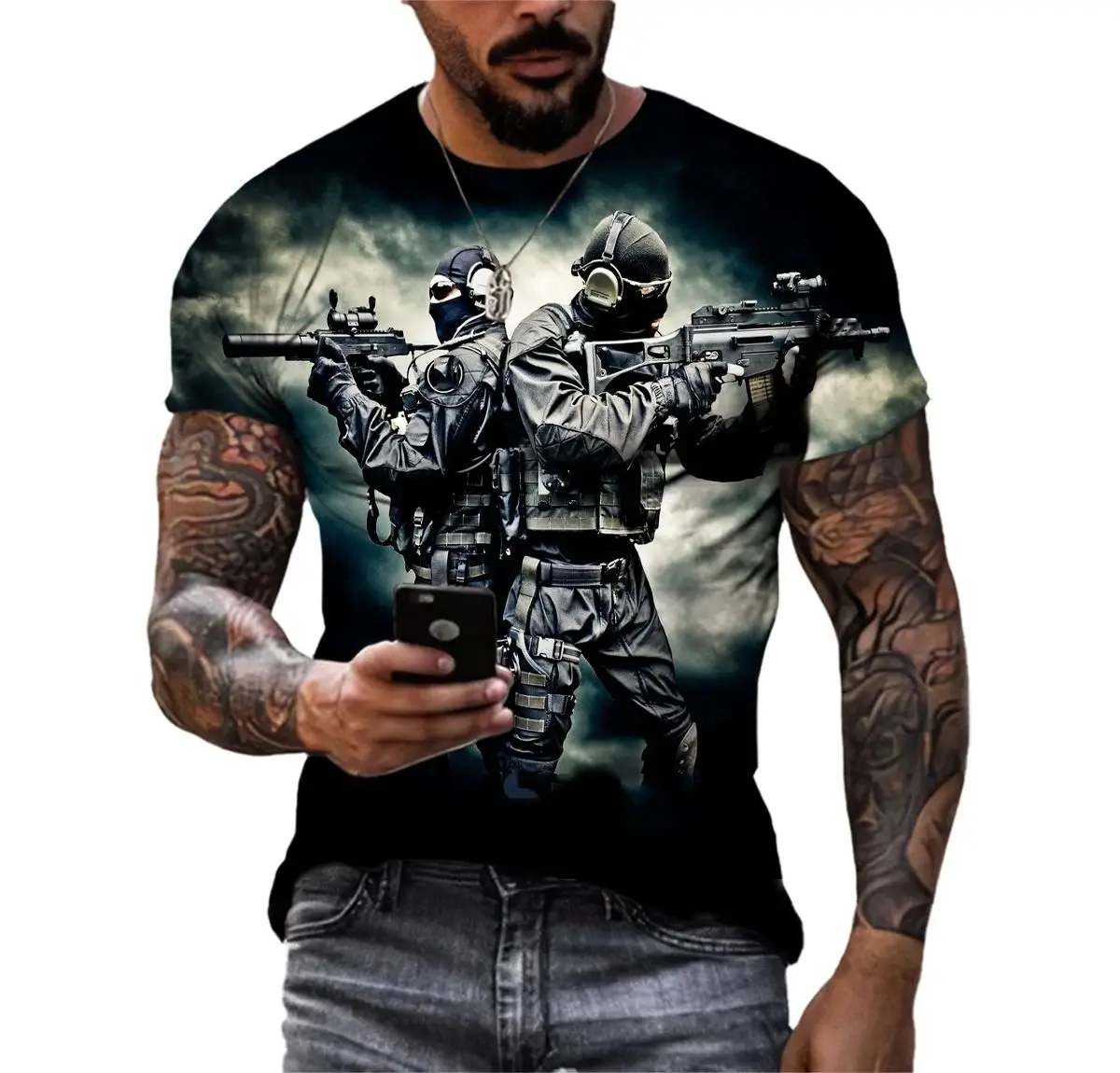 T-shirt imprimé en 3D Luminoter des forces spéciales rétro classiques pour hommes, personnalité de la rue cool, sports de plein air, col rond,