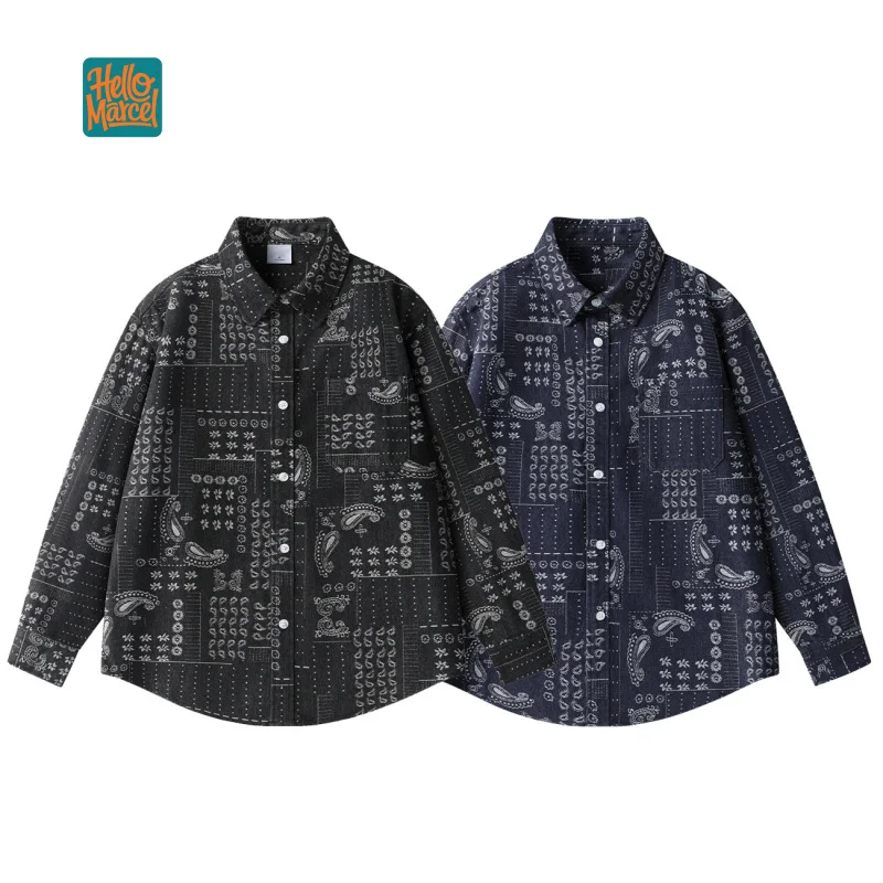 HELLOMARCEL EU US Size Luxury Quality Casual Shirt Street Wear Ethnic Style Paisley Print Unisex Loose Denim Work Shirt