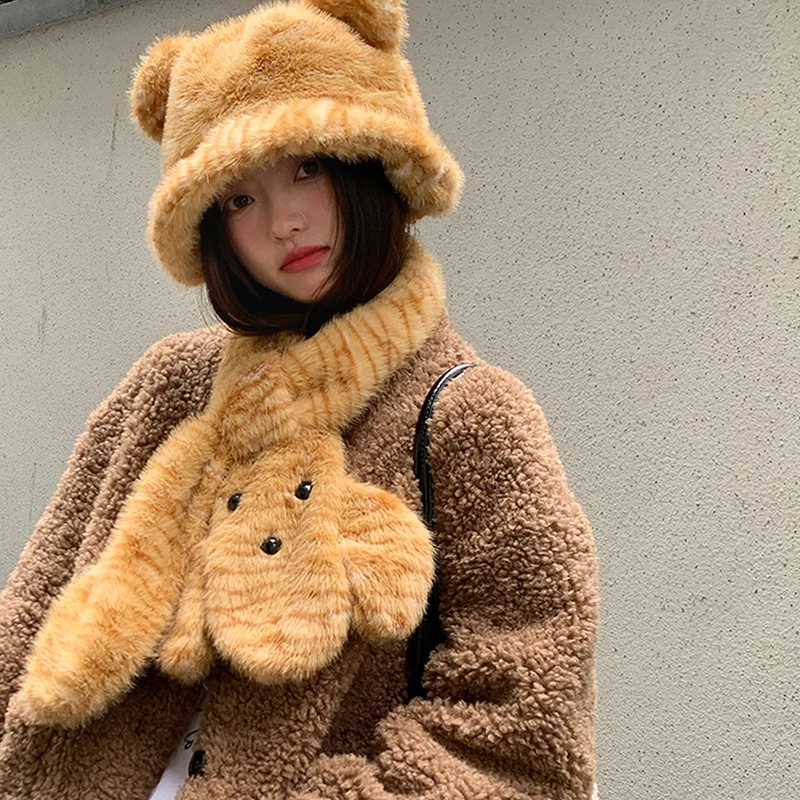 Bear Ears Plush Bucket Hats Winter Hat Scarf Two-piece Set Women Leopard Print Neck Protection Cold Proof Warm Cartoon Scarf