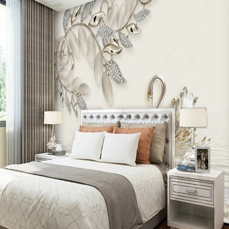 Simple and modern 3d exquisite jewelry diamond branches and leaves gilded swan TV luxurious home sofa background wall painting