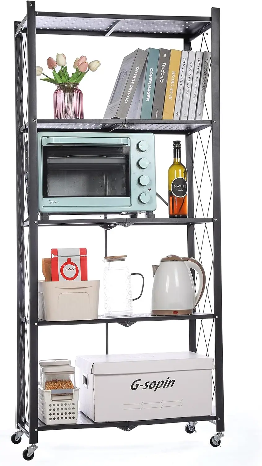 Letusto Foldable Collapsible Shelf With Wheels & Breaks - Folding Shelf Heavy Duty Metal Frame Pantry Shelving Unit - Origami