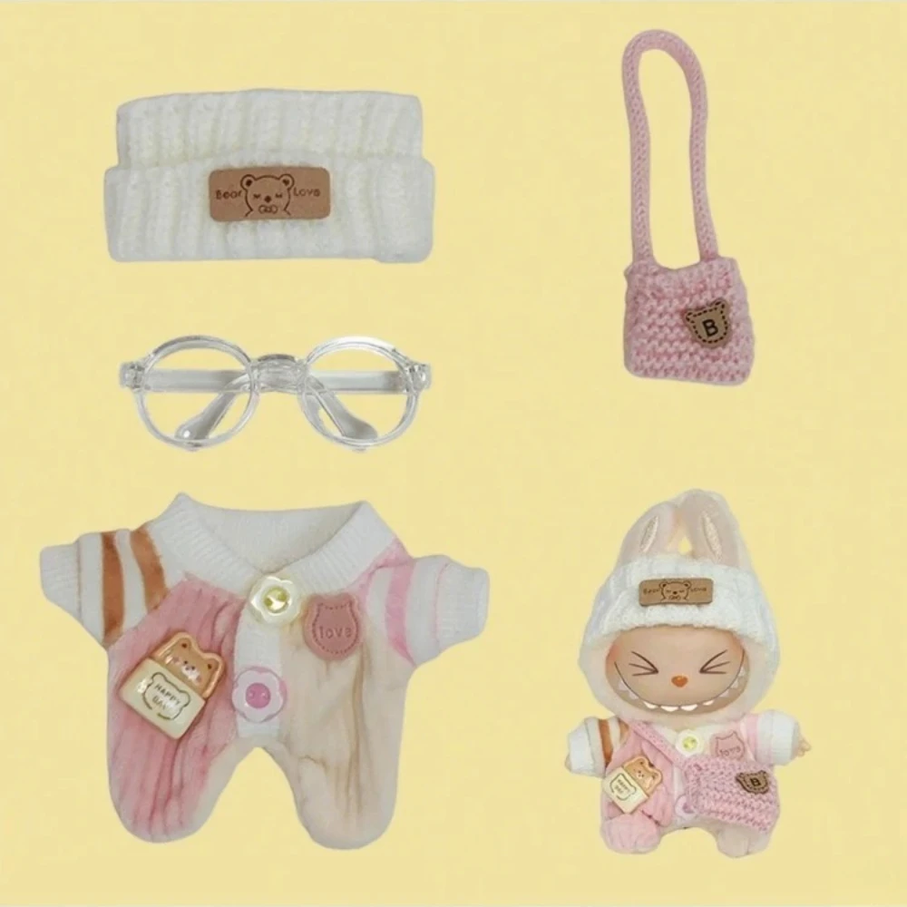 

17cm Labubu Doll Clothes Set Cute Knit Headband & Striped Jumpsuit Outfit Fashion Bear Label Accessories for V1 V2 Plush Dolls