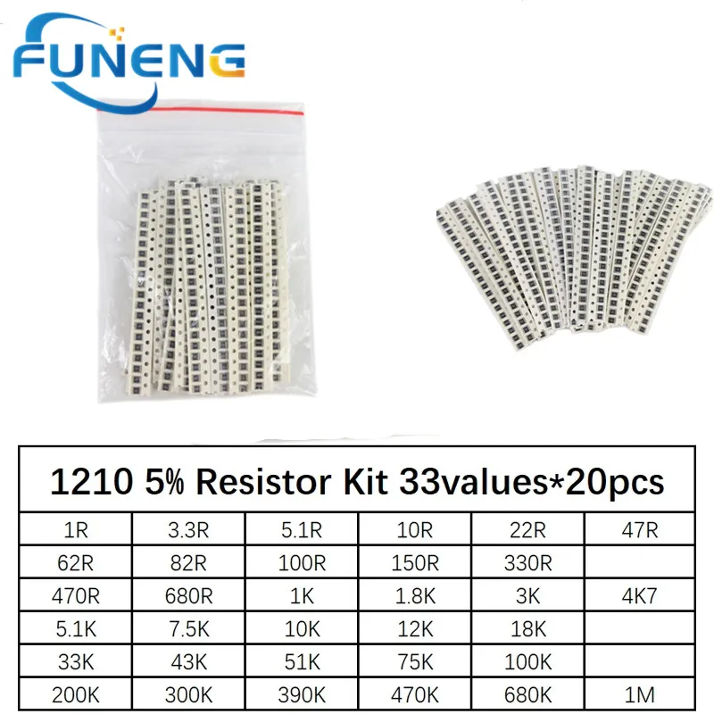 

1210 SMD Resistor Kit Assorted Kit 1ohm-1M ohm 5% 33valuesX 20pcs=660pcs DIY Kit