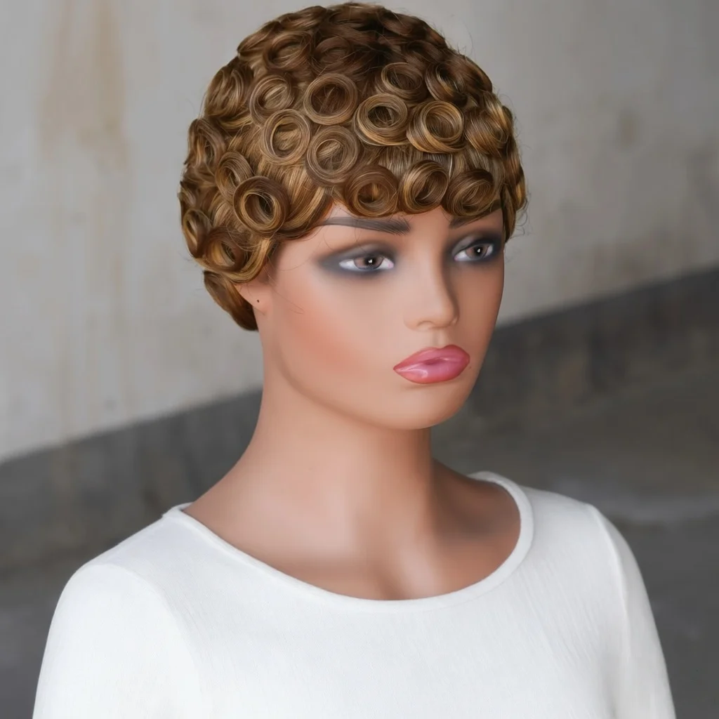 

Бразильские человеческие волосы Remy, полный машинный парик, вьющийся короткий парик с стрижкой пикси для женщин, повседневная одежда