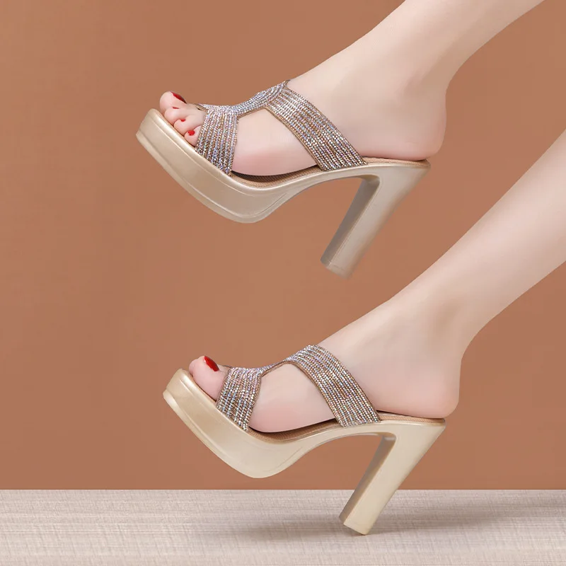 10cm Big Size 32-43 Rhinestone Wedding Shoes Gold Thick Bottom Slippers 2023 Summer Women's Block High Heels Slides Model Office