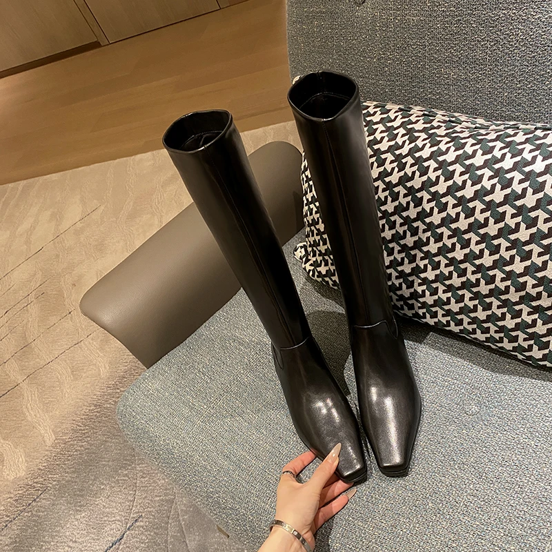 2026 new autumn winter women knee-high boots 22-25cm split leather upper small square toe thick heel modern boots fashion